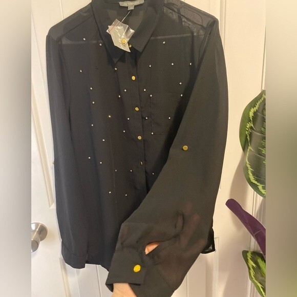 NY Collection sheer shirt with rhinestones, black, size L - Picture 4 of 5
